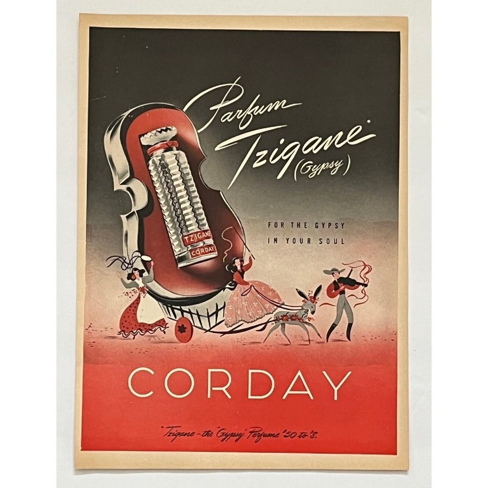 1946 Print Ad Corday Parfum Tzigane Gypsy Violin Player Women Donkey Horse Cart